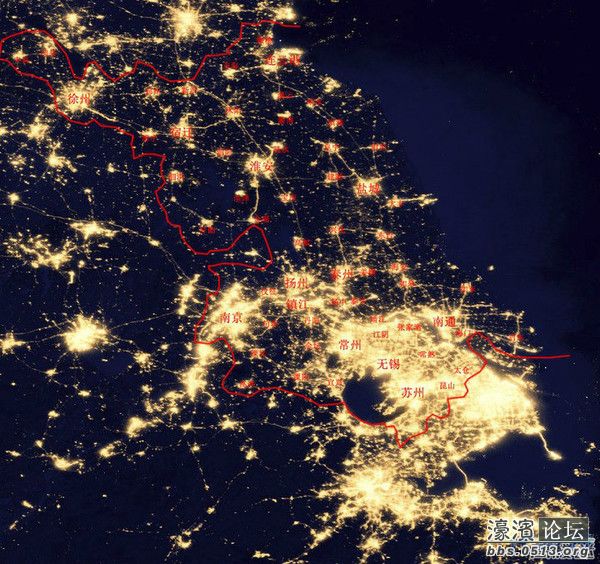从夜间灯光图看地区发达程度,苏锡常实力不凡