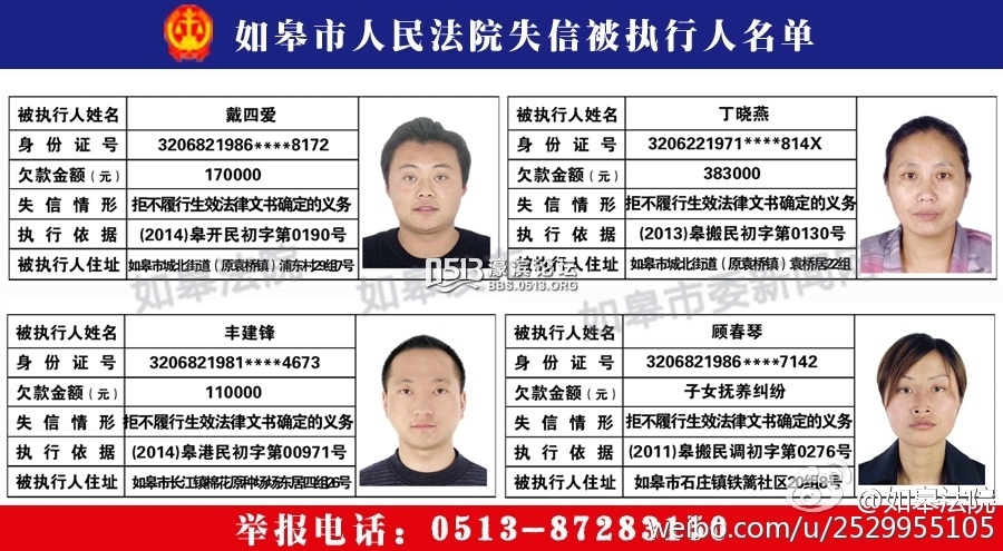 69 南通市民论坛 69 关注南通 69 如皋法院公布7月份失信人名单