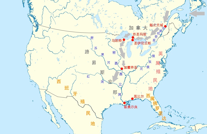 有众多"巴黎"和"里昂"  17世纪末到 18世纪初的法属路易斯安那示意图