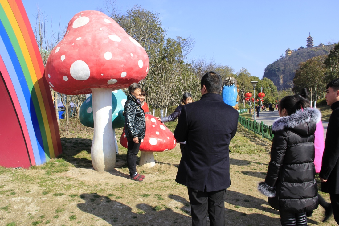 大妈也要在彩色蘑菇前拍个照。