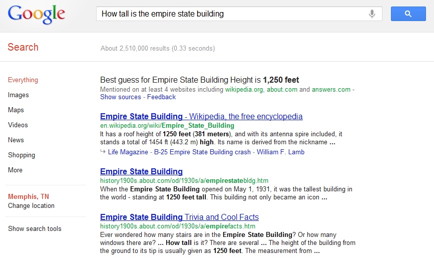 比如搜索“帝国大厦有多高”这样的问题，谷歌会直接给出答案