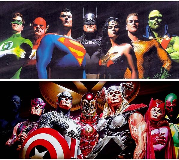 上图为DC的正义联盟，下图为漫威的复仇者联盟。图片来源：alexrossart.com