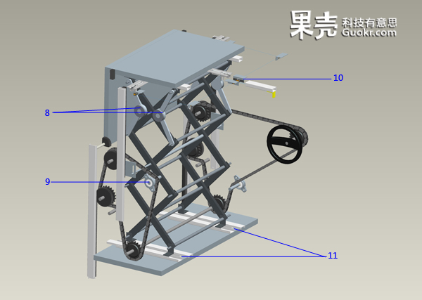 作品三维图-传动机构b，8-液压减速杆；9-延时装置；10-弹簧插销；11-导轨