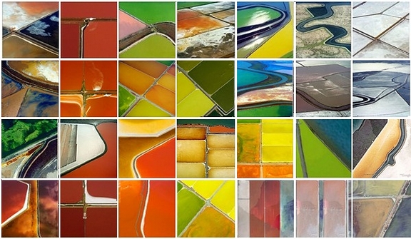 这张让人想起蒙德里安《构图》的照片，其实是美国旧金山地区的盐湖。颜色未经处理，均来自 Google Earth。（图片：Robert Campbell, via images.ask.com）