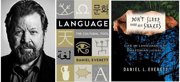 埃弗雷特企图挑起一场 ‘跟普遍语法军团之间的星球大战’，埃弗雷特是天行者，而乔姆斯基是黑武士。图为丹尼尔·埃弗雷特和他的两本著作《别睡，小心有蛇！》和《语言：文化的工具》。