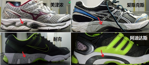 几款进口的抗外翻鞋，红色箭头所指是鞋内侧能看出的抗外翻加强位置。