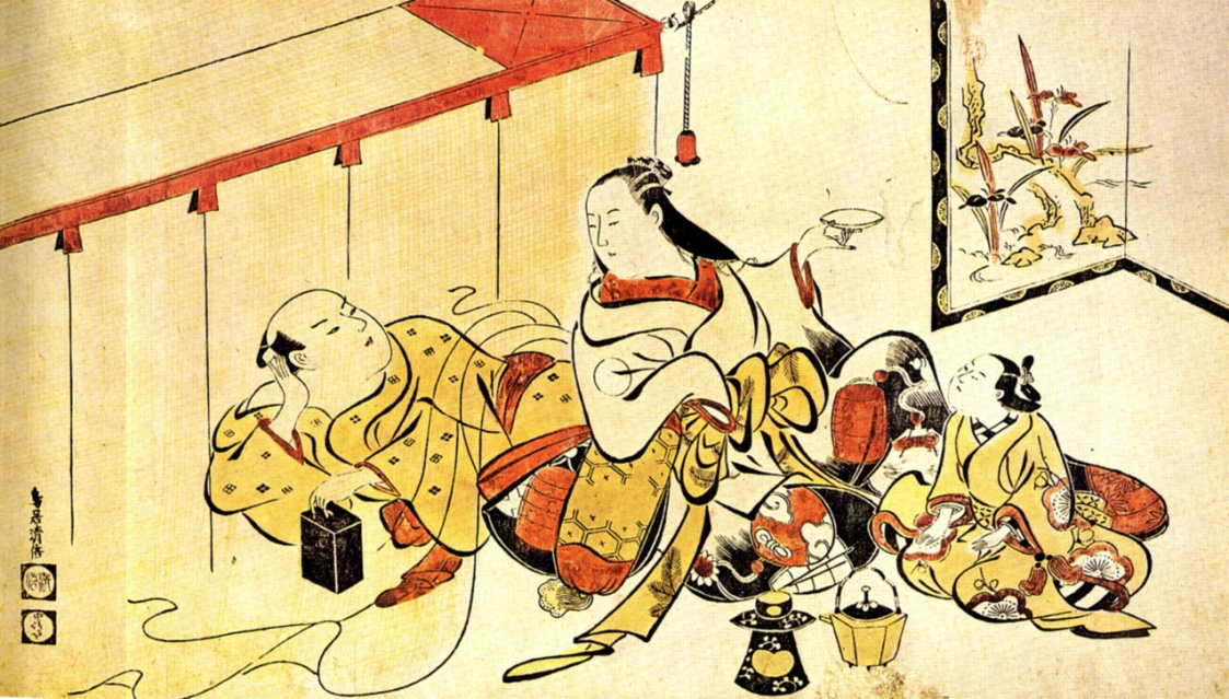 日本的蚊帐。绘画：鸟居清倍。