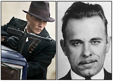 左为电影中德普饰演的迪林格。