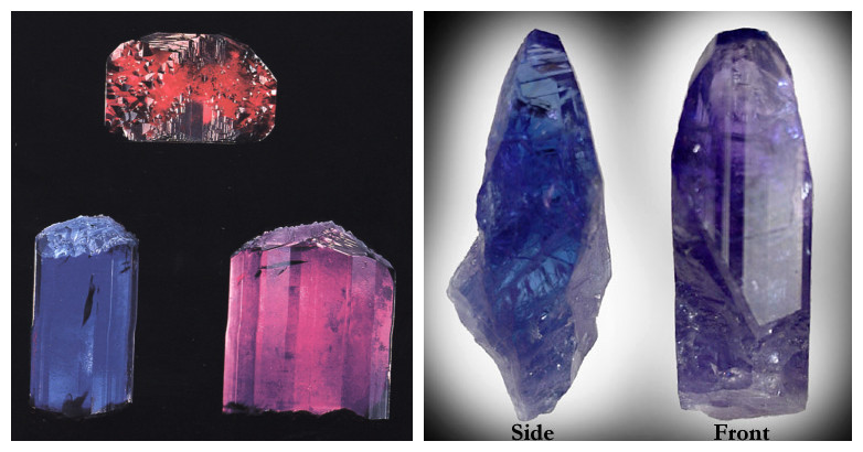 左：热处理前的坦桑石，从特定角度观察会有明显的褐红色。右：热处理后的坦桑石，只剩下蓝色和紫色。图：tanzaniteone.com & minerals.net