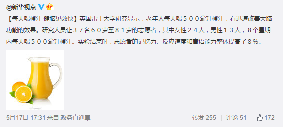 喝橙汁健脑？证据还太弱