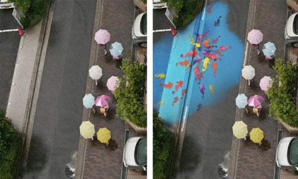 经过艺术家的手笔，马路上的绚丽画面只有在雨中才出现