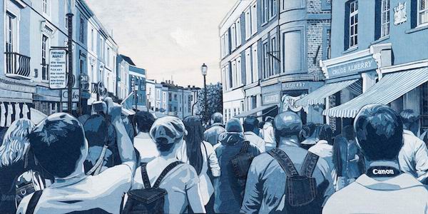 牛仔布作画，逼真还原生活场景