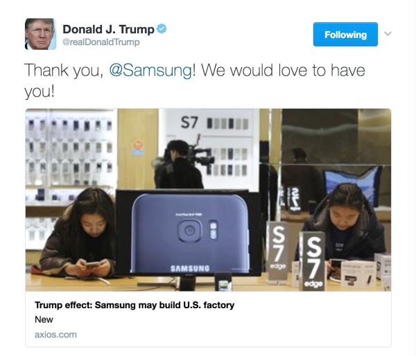 三星刚说评估在美国新的投资需求，特朗普就发推特表示了欢迎