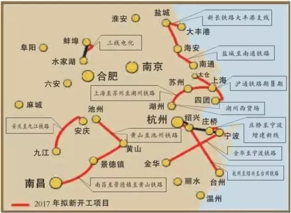 长三角年内将开建12条铁路，包括沪苏湖高铁、沪通铁路二期