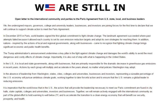 代表美国1.2亿人口的特朗普挑战者联盟：我们履行巴黎协定