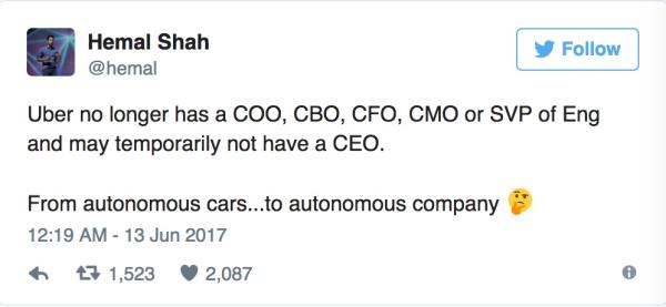 网友调侃Uber高层动荡：从无人驾驶公司变成无人管理公司