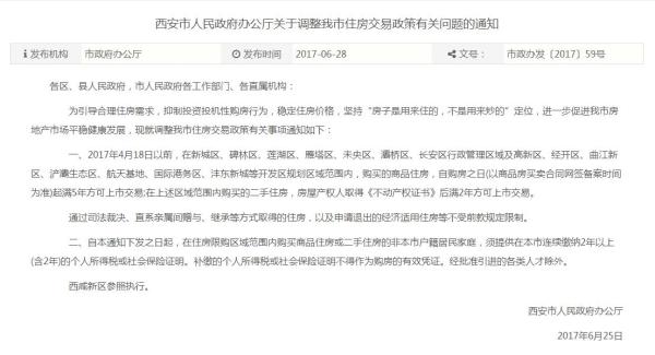 西安楼市限售升级：买新房购房之日起满5年才可上市交易