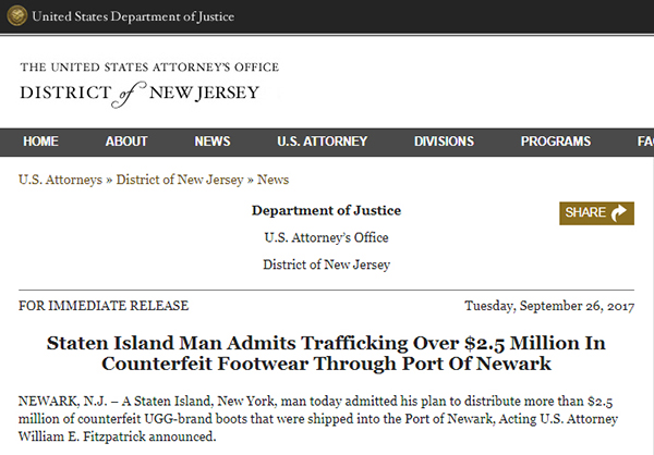 走私1.5万双假冒UGG，这名美国男子可能被判10年监禁
