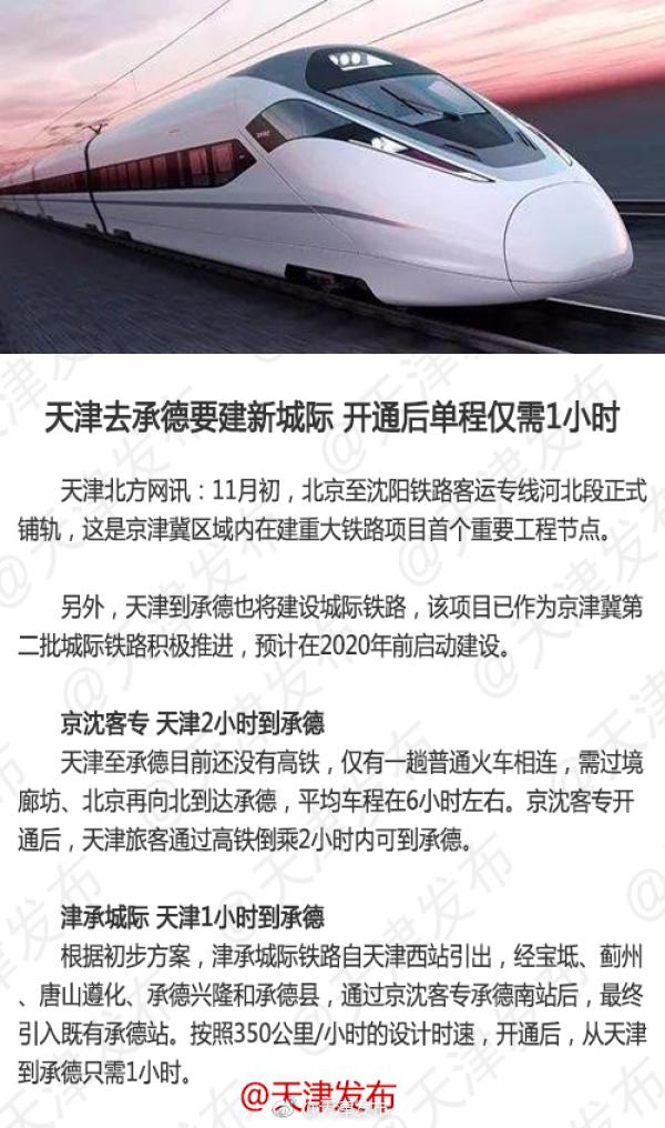 天津去承德要建新城际铁路，开通后单程仅需1小时