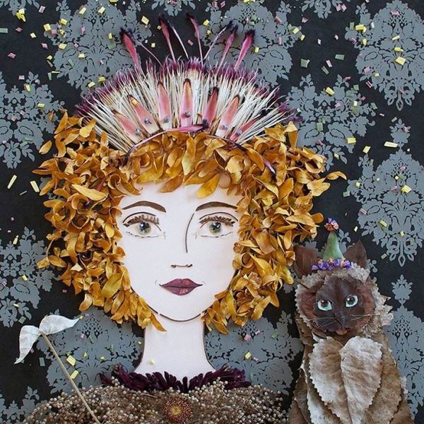 用路边捡来的树枝、花朵拼凑的人物画，每一幅都美呆了