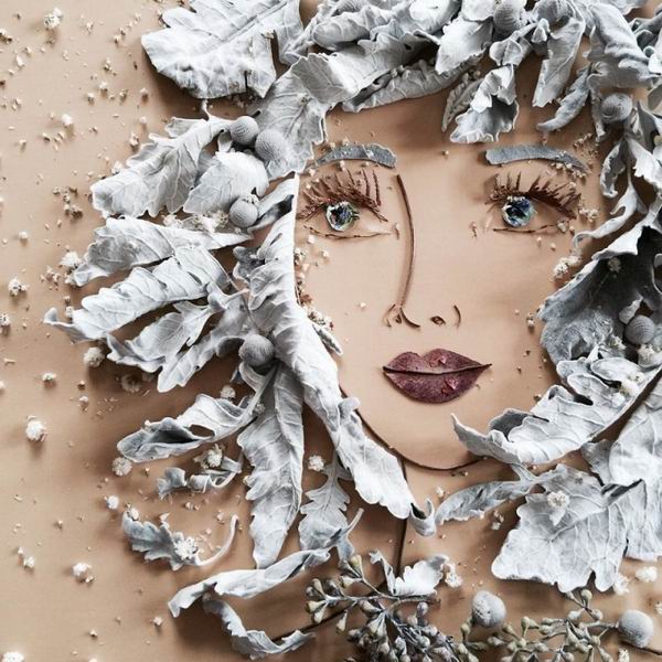 用路边捡来的树枝、花朵拼凑的人物画，每一幅都美呆了