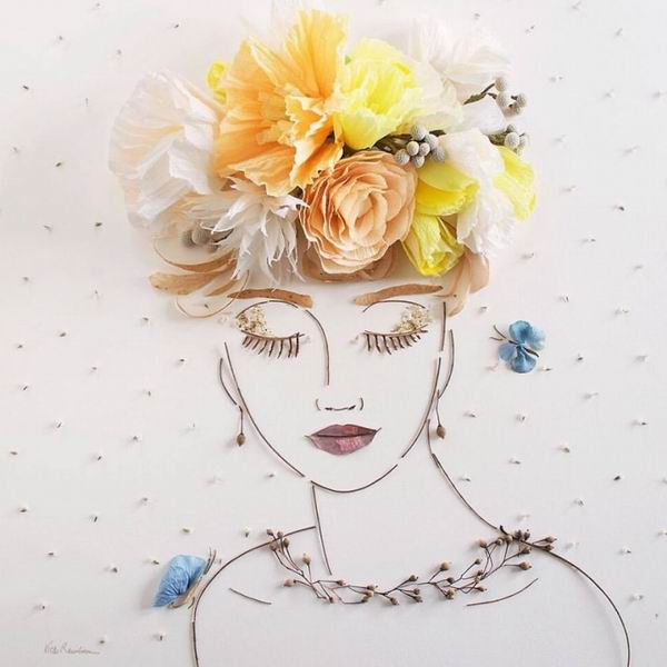 用路边捡来的树枝、花朵拼凑的人物画，每一幅都美呆了