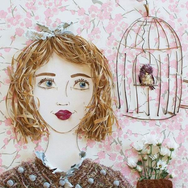 用路边捡来的树枝、花朵拼凑的人物画，每一幅都美呆了