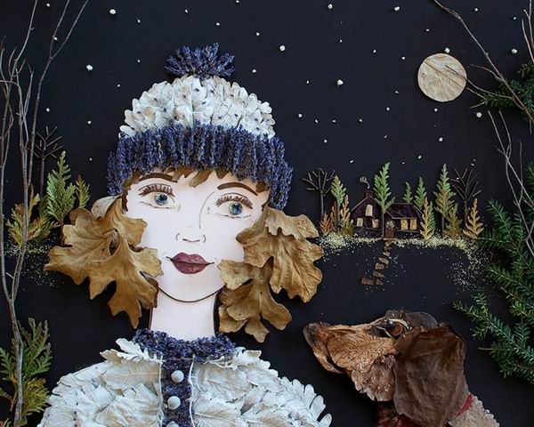 用路边捡来的树枝、花朵拼凑的人物画，每一幅都美呆了