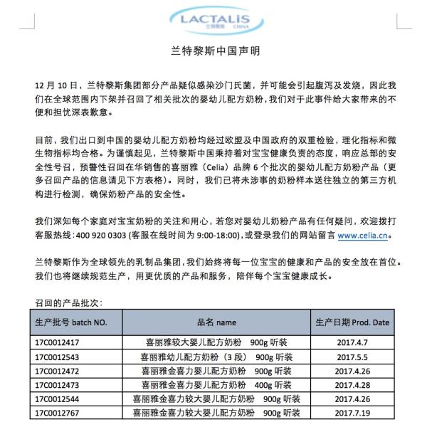 法国乳企宣布在中国预警性召回婴幼儿奶粉，称未感染沙门氏菌