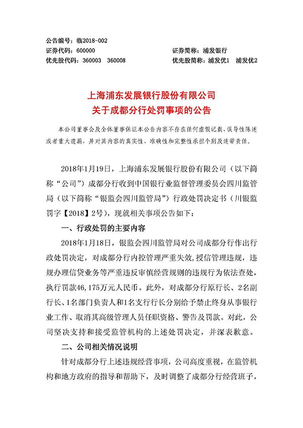 浦发银行回应被罚4.6亿元：坚决支持和接受处罚，深表歉意