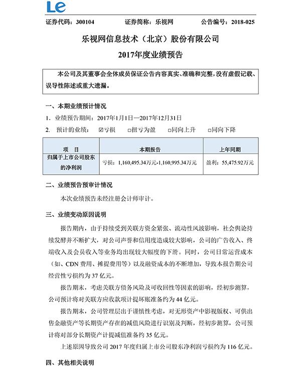 乐视网要当2017年A股亏损王？全年预计净亏损116亿