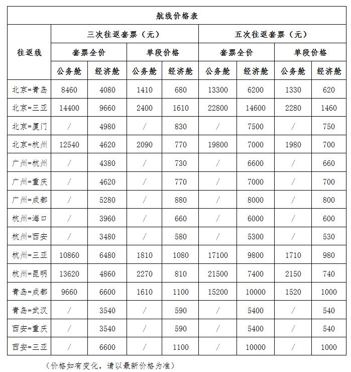 北京首都航空推出国内套票：一次购买，多次使用
