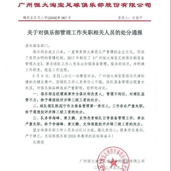 恒大就张琳芃球衣事件发处分通报：总经理、领队等降三级工资