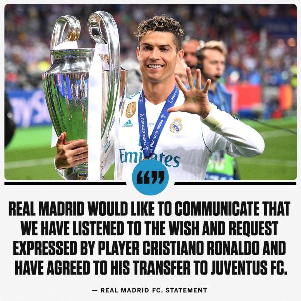 重磅！C罗加盟尤文图斯，转会费达1.05亿英镑