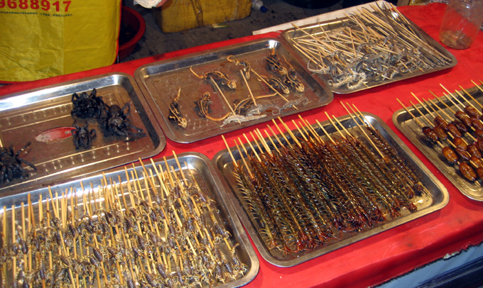 蛆虫，蜈蚣，蝎子，壳很好吃，肉是苦的